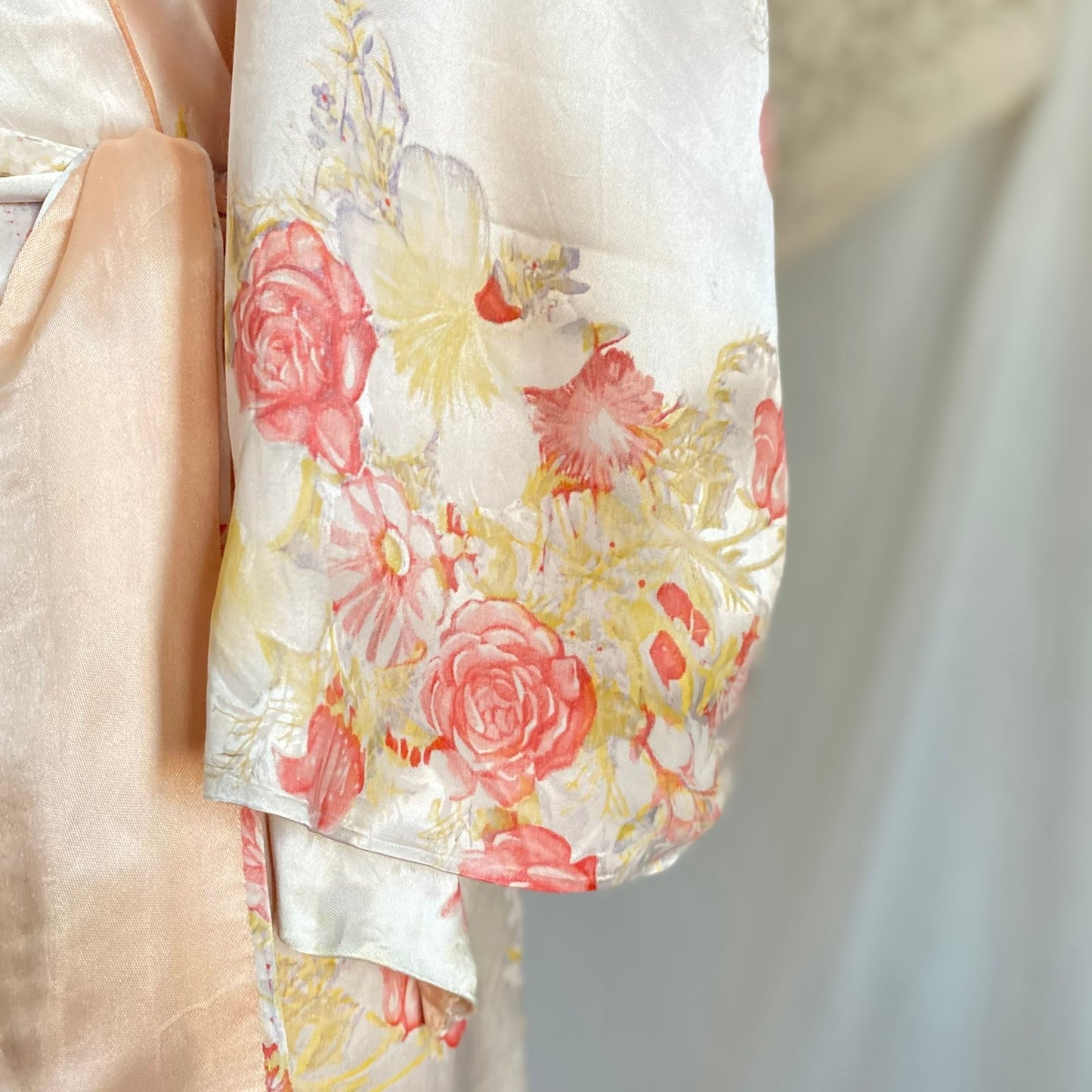 Vintage 1940's Robe | Silky White Rayon Satin with Pink Rose Floral Print & Bell Sleeves | Size S, M, LG - Daggers & Dames