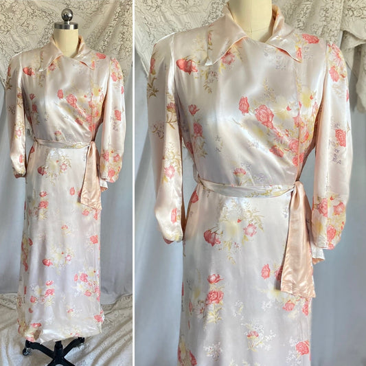 Vintage 1940's Robe | Silky White Rayon Satin with Pink Rose Floral Print & Bell Sleeves | Size S, M, LG - Daggers & Dames