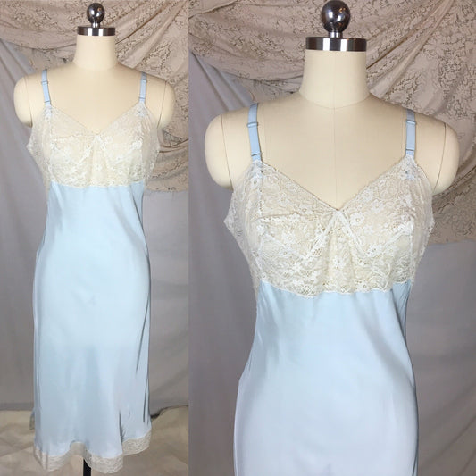 Vintage 1940's Slip | Baby Blue Cold Rayon with Ivory Cotton Lace & Darted Cups | Size SM - Daggers & Dames