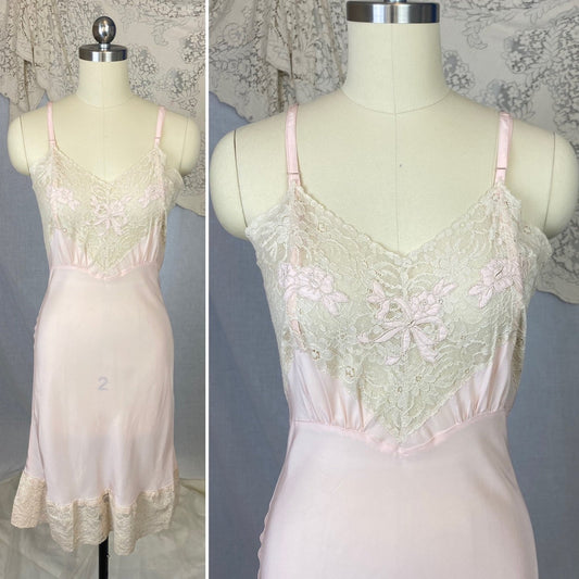 Vintage 1940's Slip | Baby Pink Rayon with Ivory Cotton Lace & Floral Applique | Size XS | Aristocraft, Never Worn - Daggers & Dames