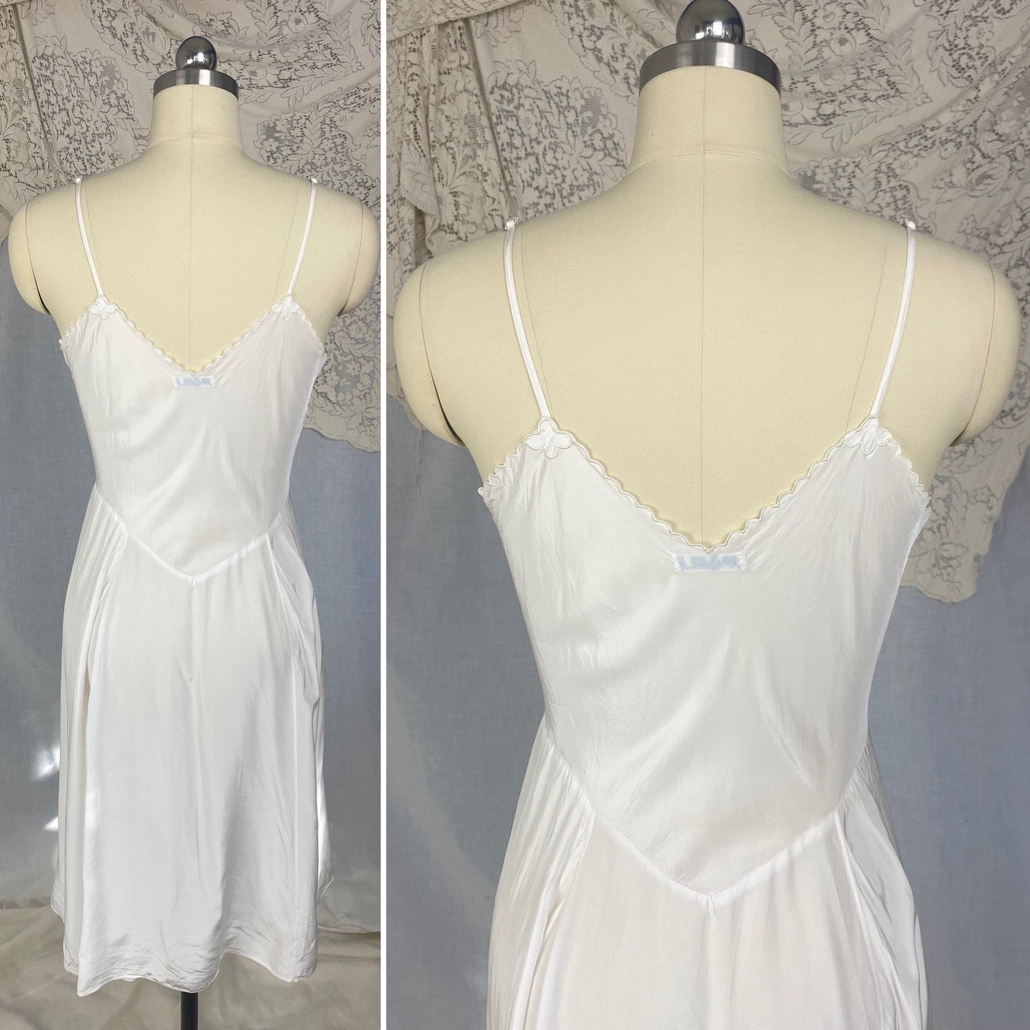 Vintage 1940's Slip | Bright White Rayon with Embroidered Scalloped Edges | Size S | Laros -New with Tags - Daggers & Dames