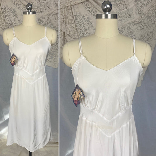 Vintage 1940's Slip | Bright White Rayon with Embroidered Scalloped Edges | Size S | Laros -New with Tags - Daggers & Dames