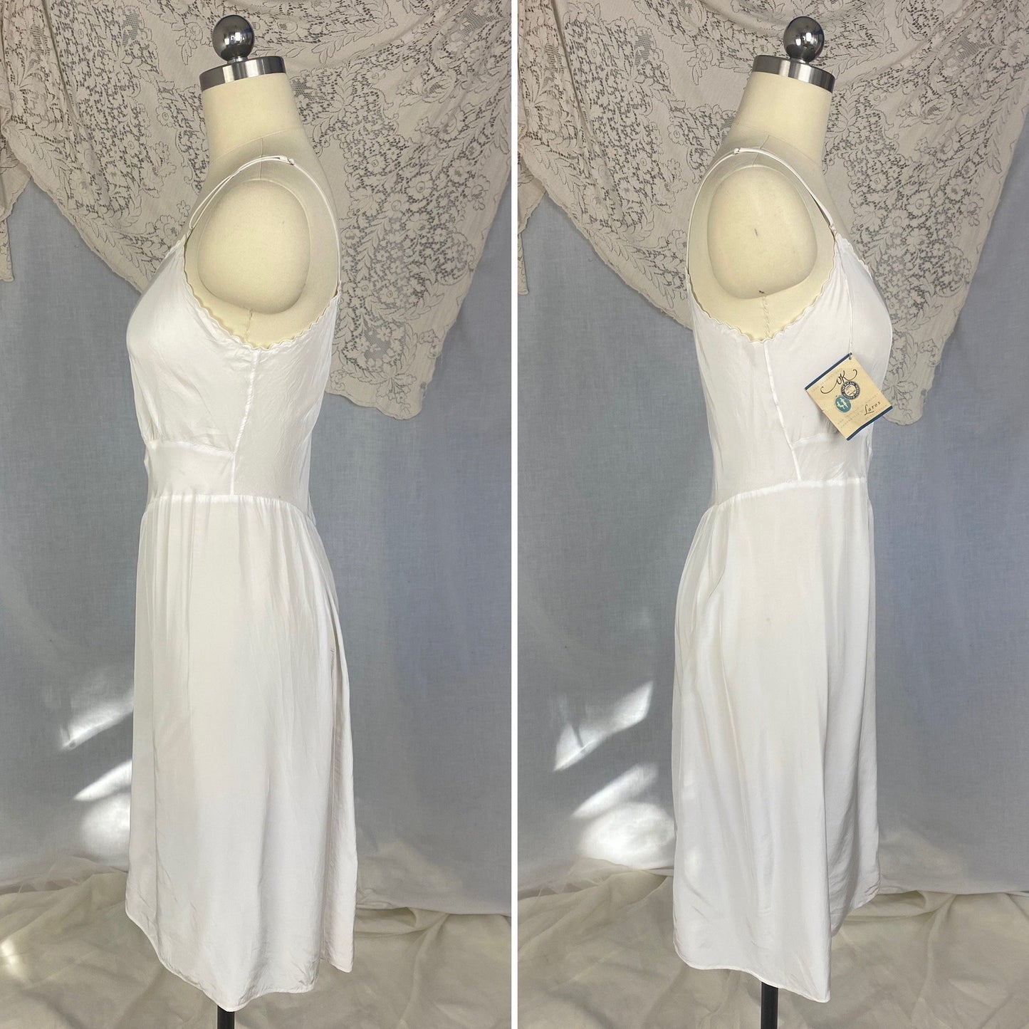 Vintage 1940's Slip | Bright White Rayon with Embroidered Scalloped Edges | Size S | Laros -New with Tags - Daggers & Dames