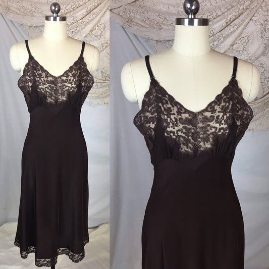 Vintage 1940's Slip | Chocolate Brown Silk with Floral Lace | Fischer Heavenly Silk Lingerie | Size SM, MED - Daggers & Dames