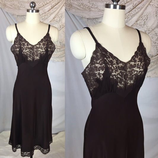 Vintage 1940's Slip | Chocolate Brown Silk with Floral Lace | Fischer Heavenly Silk Lingerie | Size SM, MED - Daggers & Dames