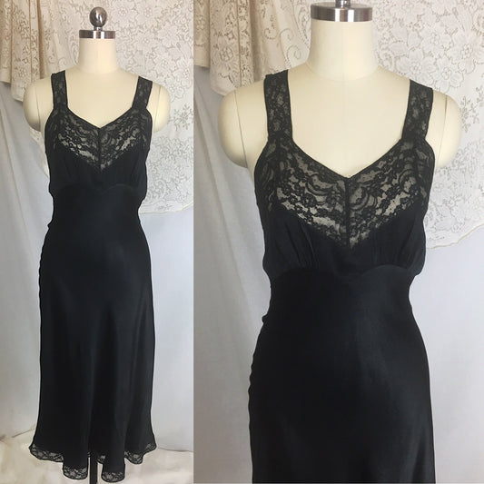 Vintage 1940's Slip | Deep Black Silk with Lace | Fischer Heavenly Lingerie | Size XS - Daggers & Dames