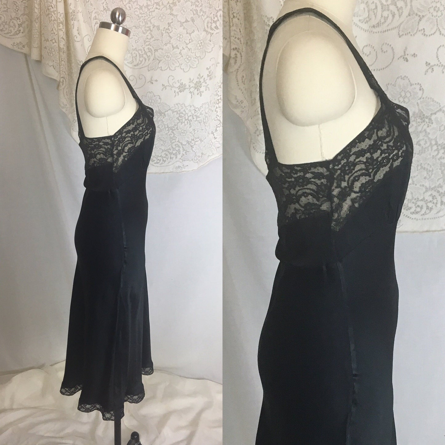 Vintage 1940's Slip | Deep Black Silk with Lace | Fischer Heavenly Lingerie | Size XS - Daggers & Dames