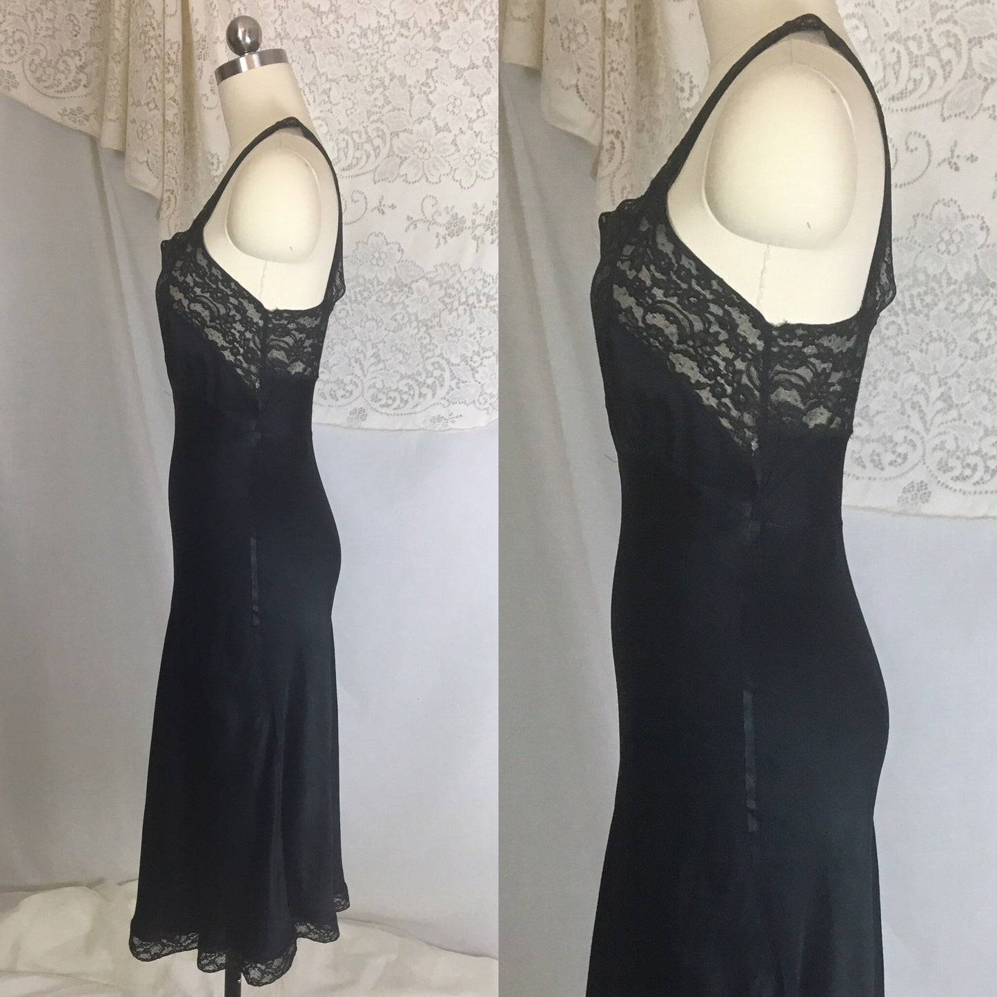 Vintage 1940's Slip | Deep Black Silk with Lace | Fischer Heavenly Lingerie | Size XS - Daggers & Dames