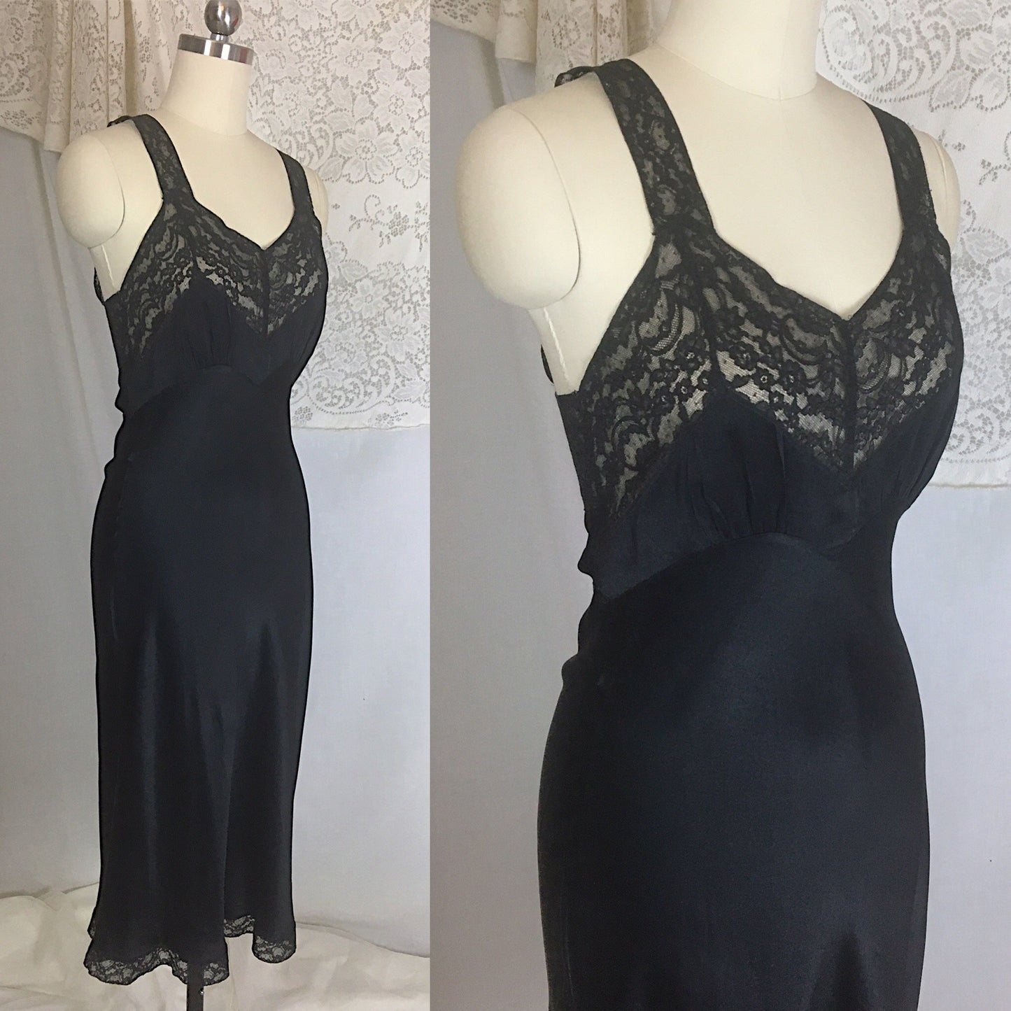 Vintage 1940's Slip | Deep Black Silk with Lace | Fischer Heavenly Lingerie | Size XS - Daggers & Dames