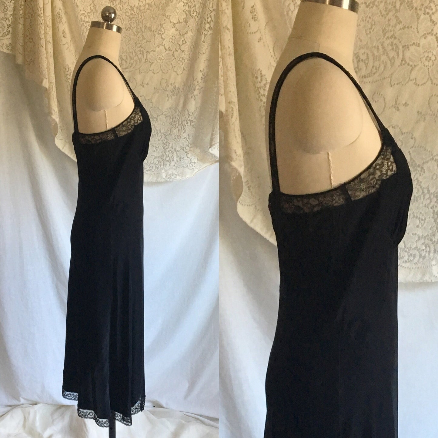 Vintage 1940's Slip | Ebony Black Rayon with Lace & Bias Cut with Bow Appliques | Barbizon | Size S - Daggers & Dames