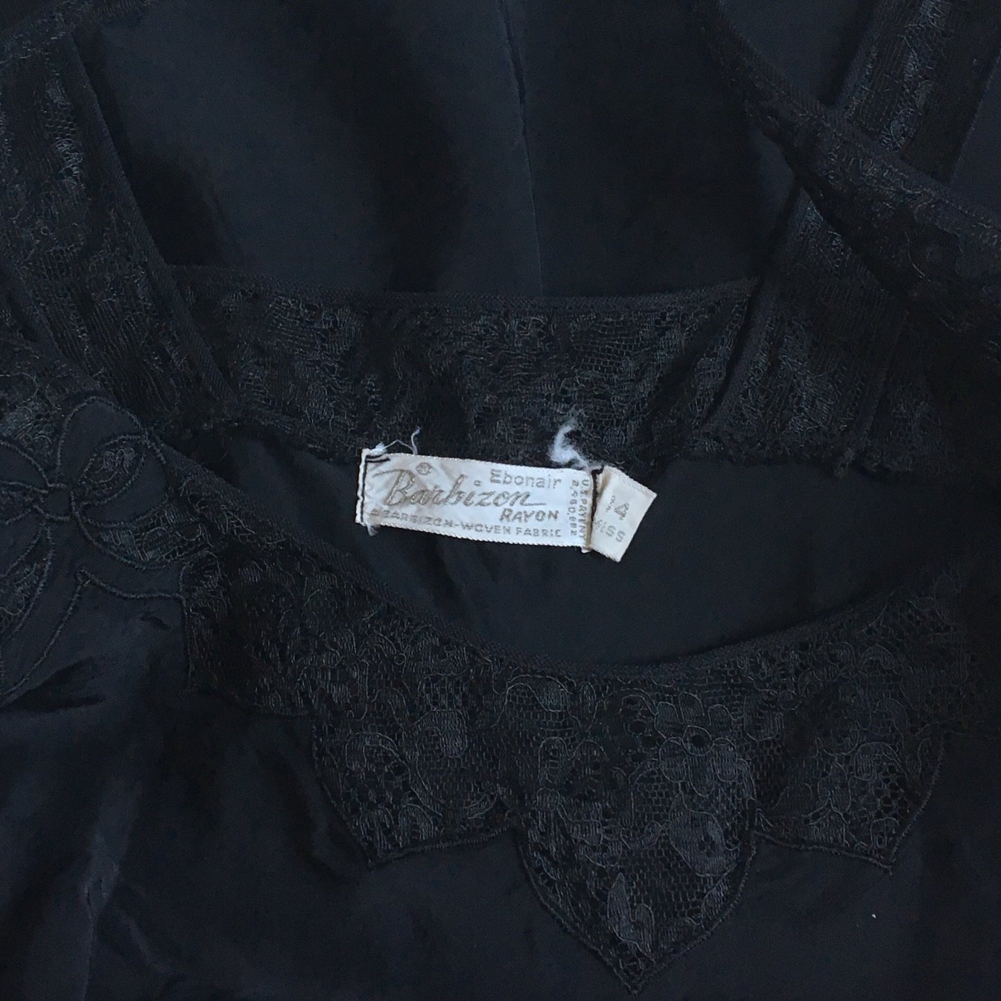 Vintage 1940's Slip | Ebony Black Rayon with Lace & Bias Cut with Bow Appliques | Barbizon | Size S - Daggers & Dames