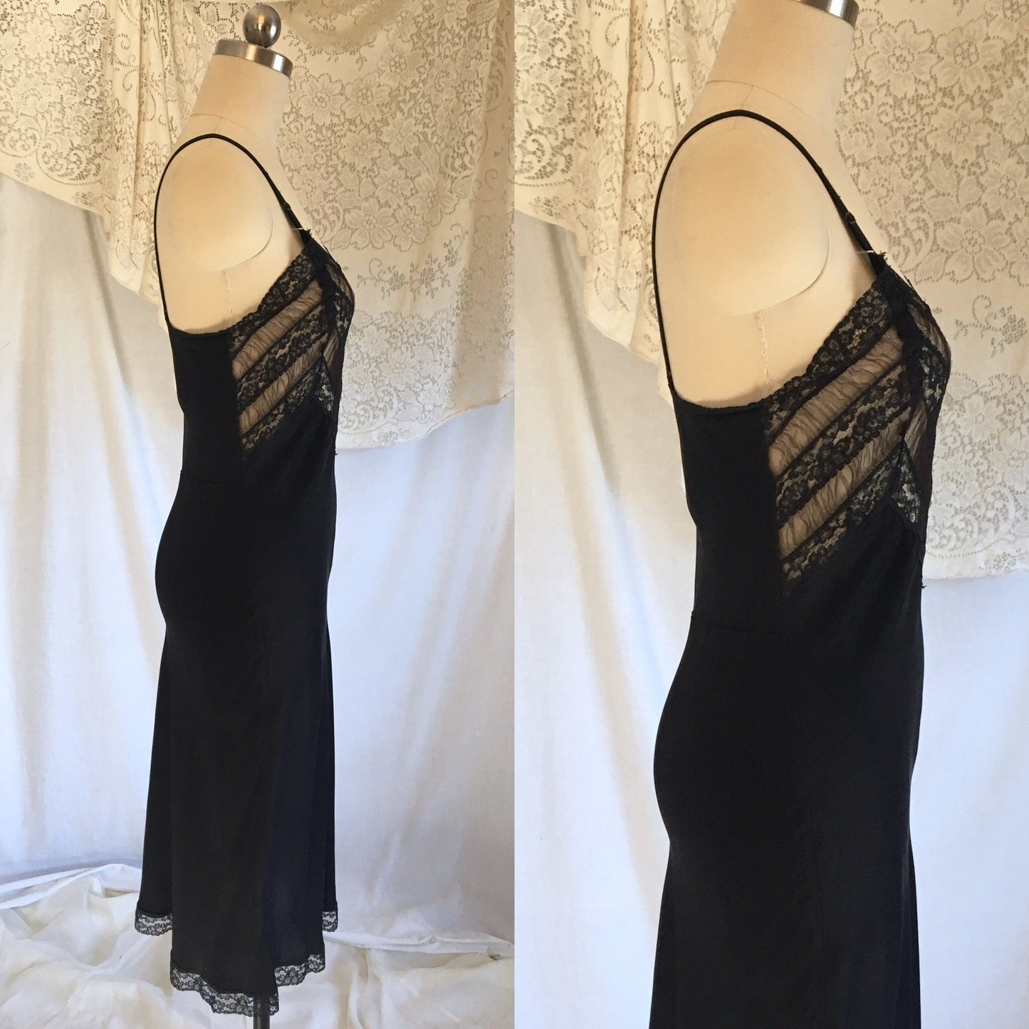 Vintage 1940's Slip | Inky Black Rayon with Sheer Ruffled Tulle & Lace | Size XS - Daggers & Dames
