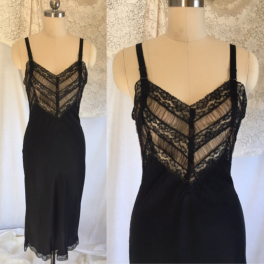 Vintage 1940's Slip | Inky Black Rayon with Sheer Ruffled Tulle & Lace | Size XS - Daggers & Dames