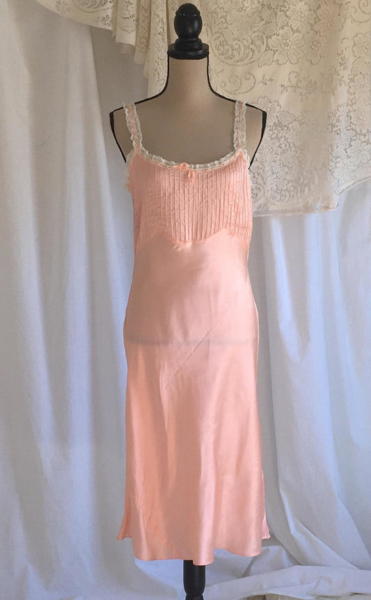 Vintage 1940's Slip | Light Pink Rayon Satin & White Lace Ruffled Straps | New Old Stock | Pintucking with Bias Cut Lingerie | Size M - Daggers & Dames