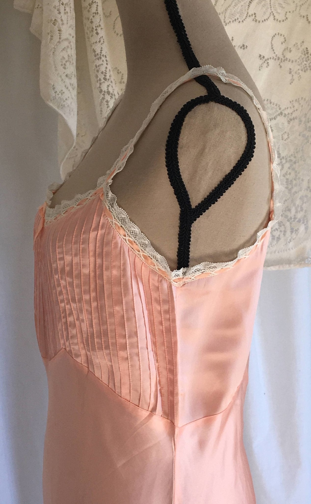 Vintage 1940's Slip | Light Pink Rayon Satin & White Lace Ruffled Straps | New Old Stock | Pintucking with Bias Cut Lingerie | Size M - Daggers & Dames