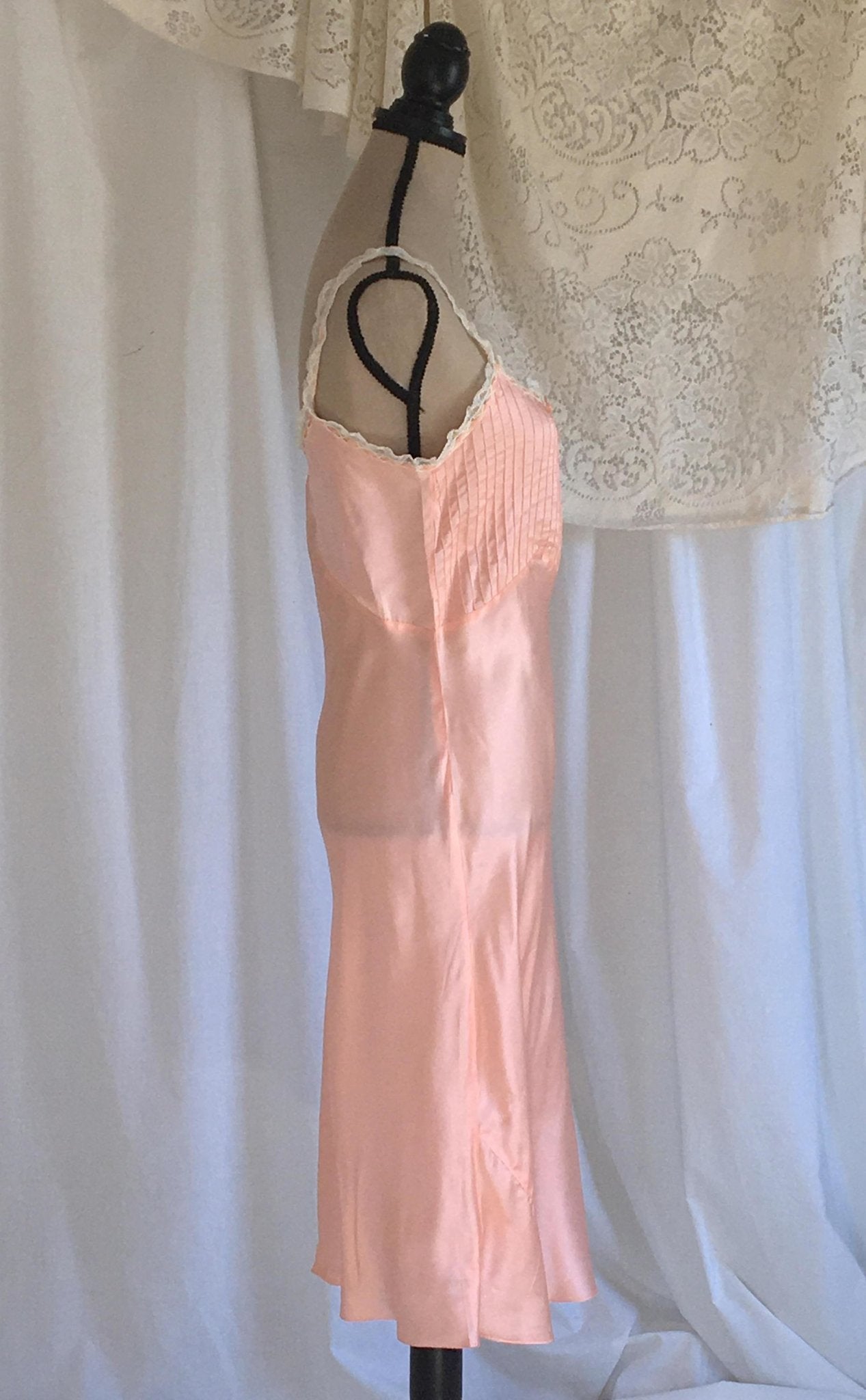 Vintage 1940's Slip | Light Pink Rayon Satin & White Lace Ruffled Straps | New Old Stock | Pintucking with Bias Cut Lingerie | Size M - Daggers & Dames