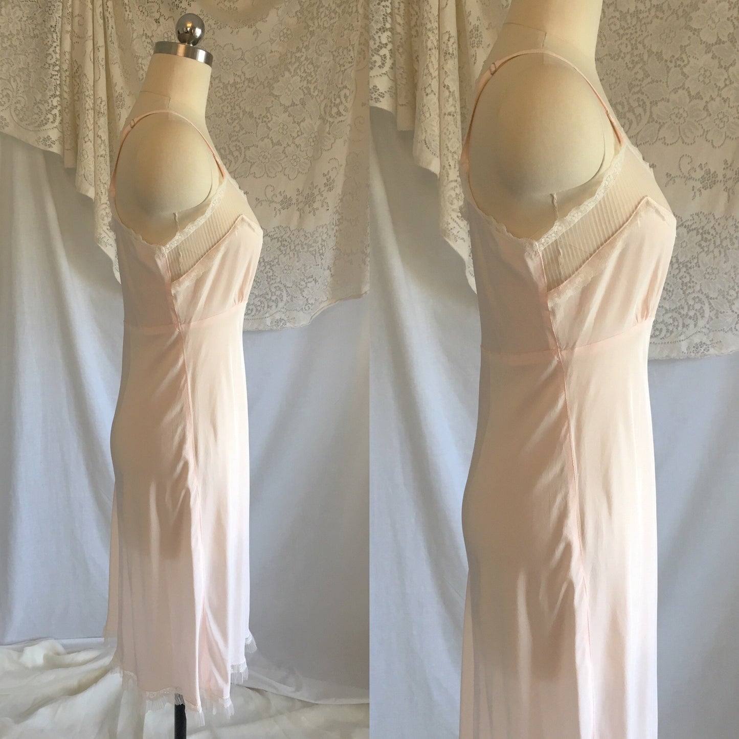 Vintage 1940's Slip | Light Powder Pink Rayon with White Pinstripe Tulle & Ruffled Lace | Lady Elizabeth Underwear | Size S - Daggers & Dames