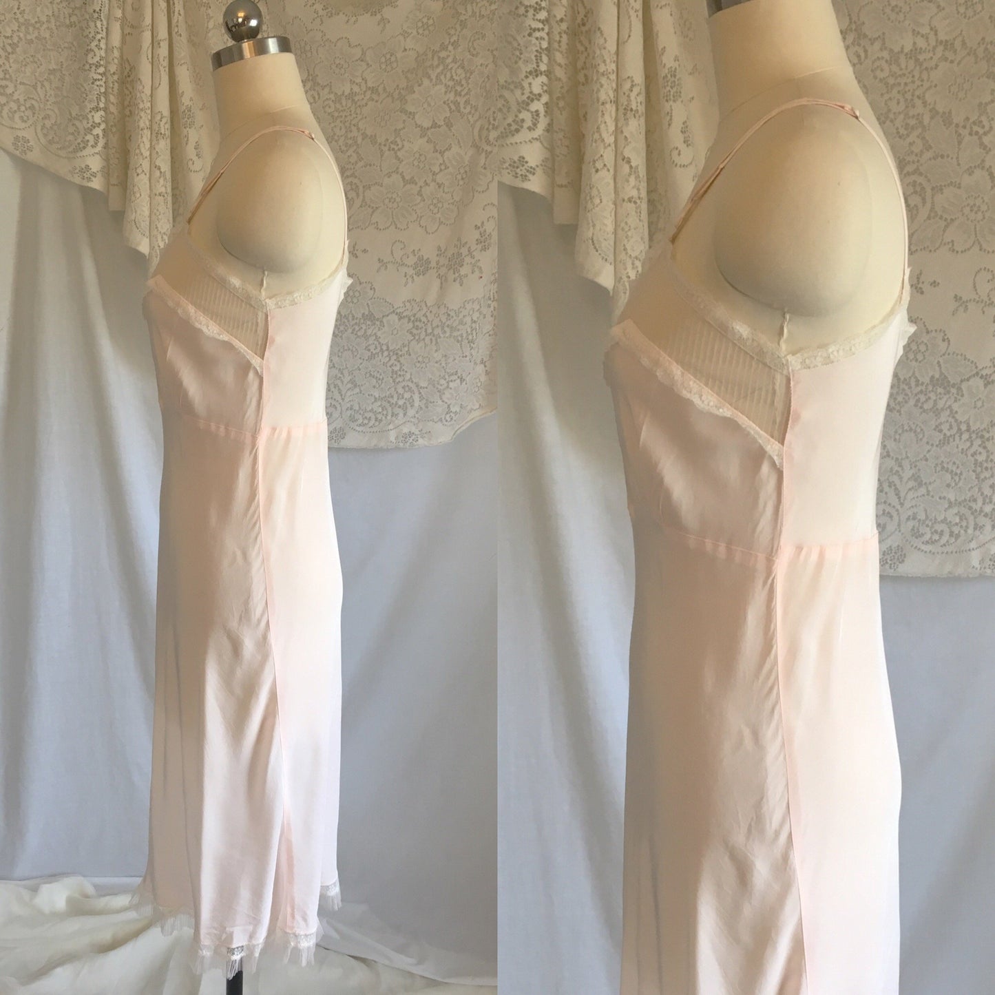 Vintage 1940's Slip | Light Powder Pink Rayon with White Pinstripe Tulle & Ruffled Lace | Lady Elizabeth Underwear | Size S - Daggers & Dames