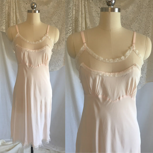 Vintage 1940's Slip | Light Powder Pink Rayon with White Pinstripe Tulle & Ruffled Lace | Lady Elizabeth Underwear | Size S - Daggers & Dames