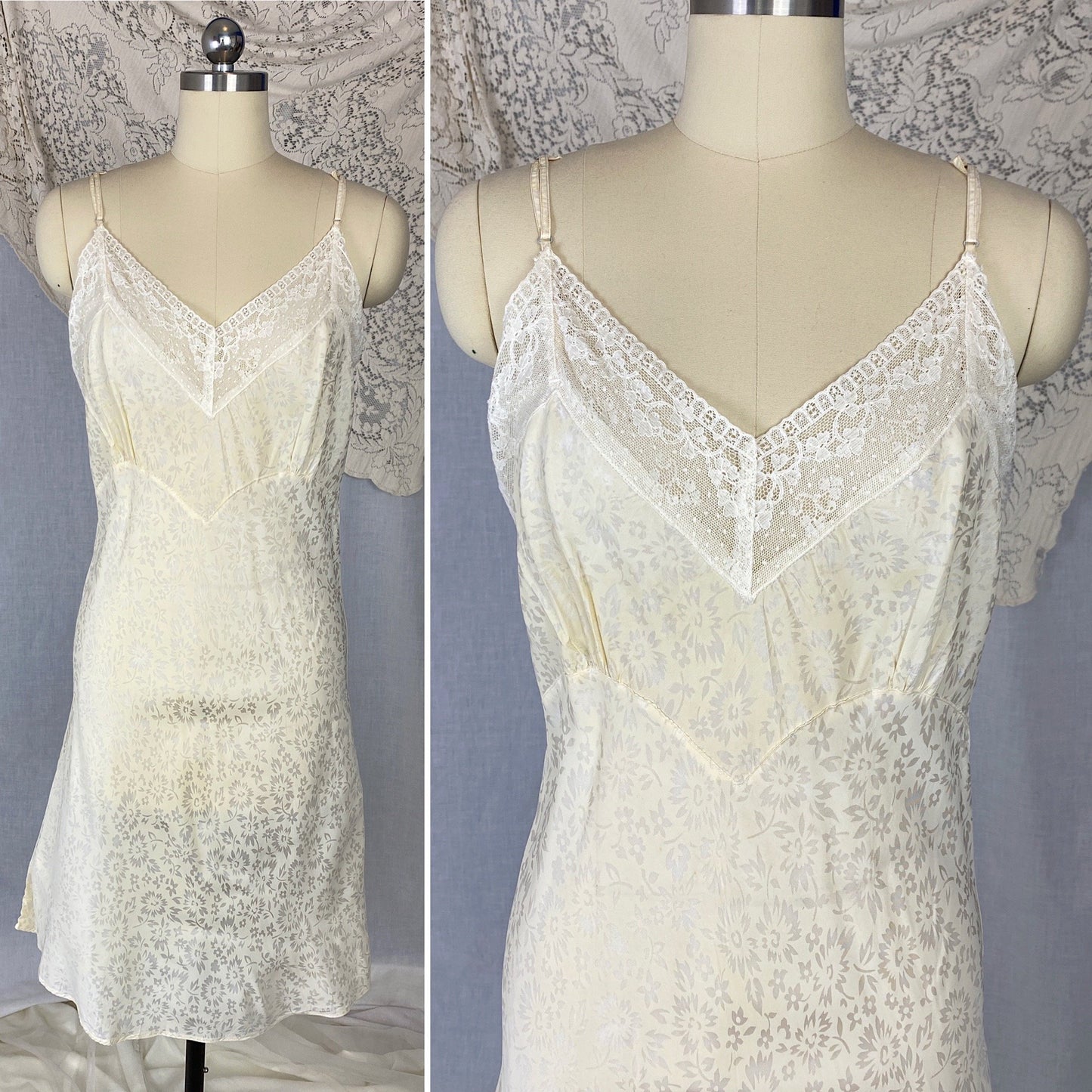 Vintage 1940's Slip | Pale Butter Yellow with Sheer White Floral Print Rayon Taffeta & Lace | Size M, LG - Daggers & Dames