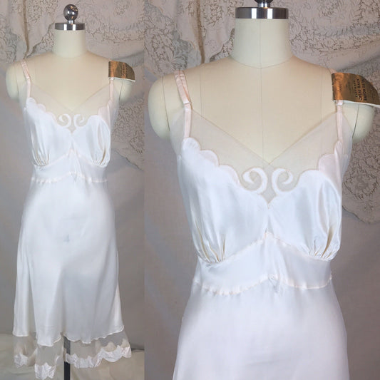 Vintage 1940's Slip | Pale Ivory Cream Rayon Satin with Tulle Inserts | Aristocraft -New with Tags | Size LG, XL - Daggers & Dames