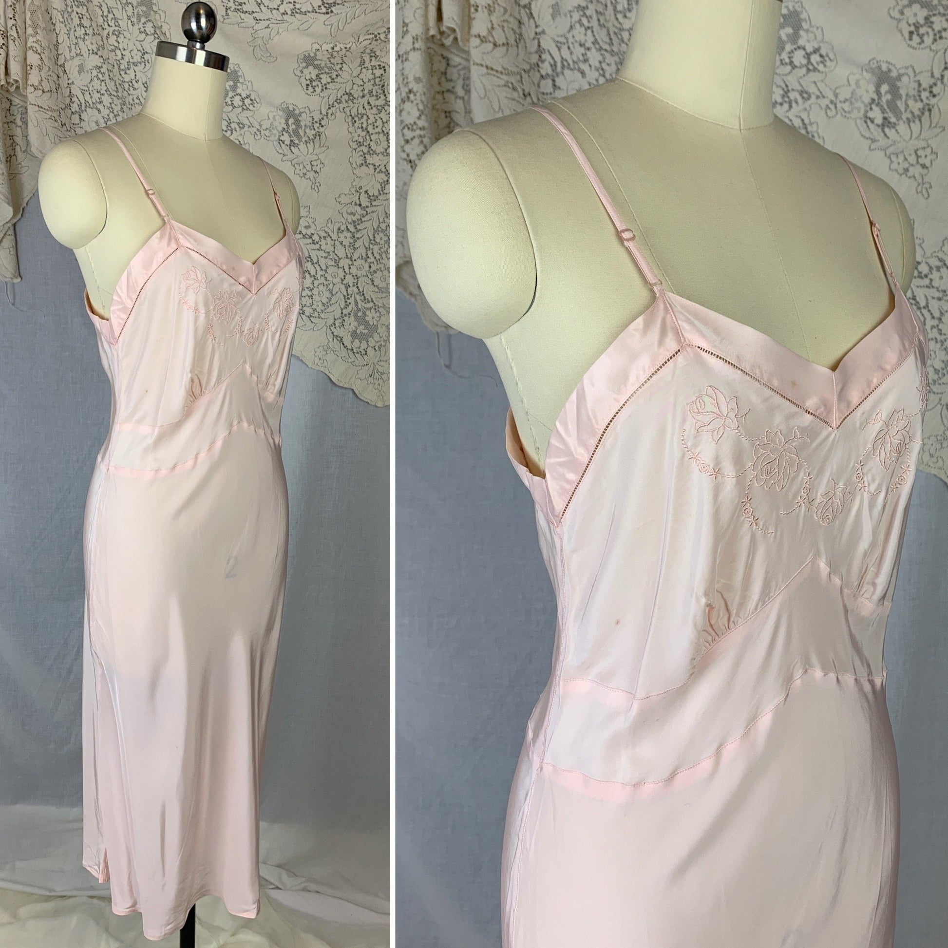 Vintage 1940's Slip | Pale Pink Bur-Mil Rayon with Floral Embroidery | Size S, MED | Colony Club - Never Worn - Daggers & Dames