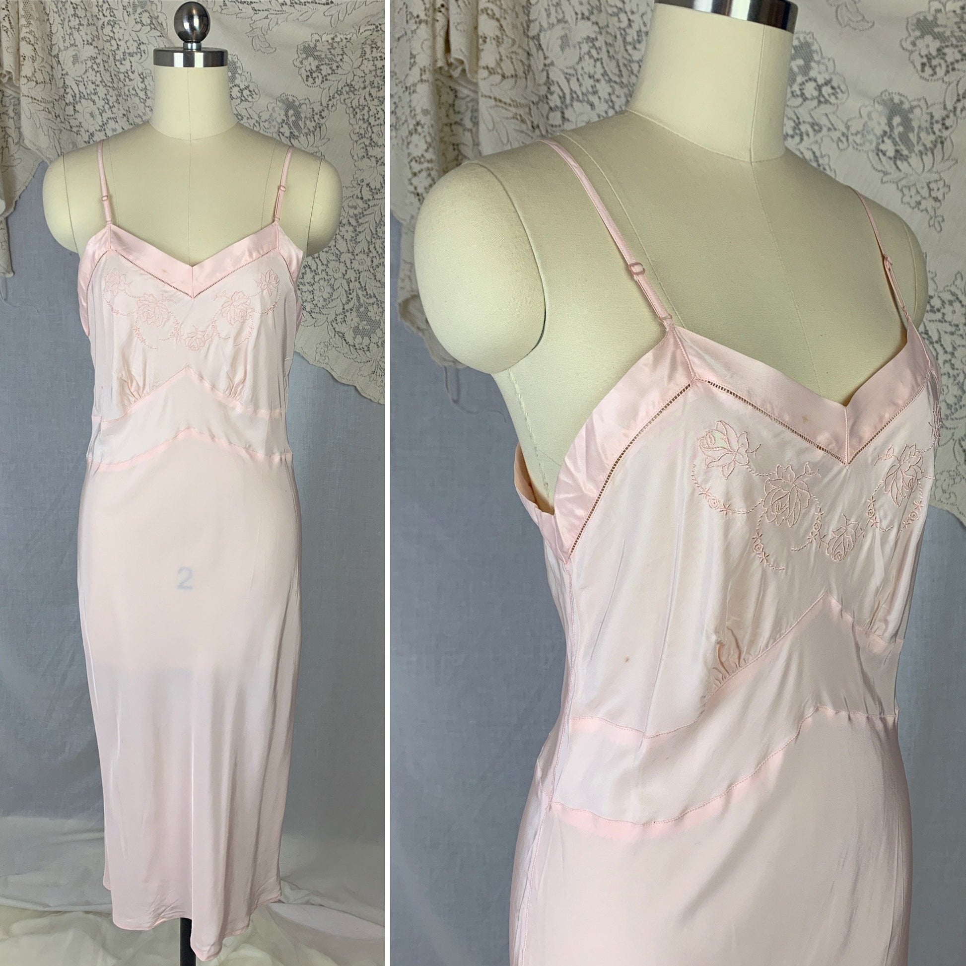 Vintage 1940's Slip | Pale Pink Bur-Mil Rayon with Floral Embroidery | Size S, MED | Colony Club - Never Worn - Daggers & Dames