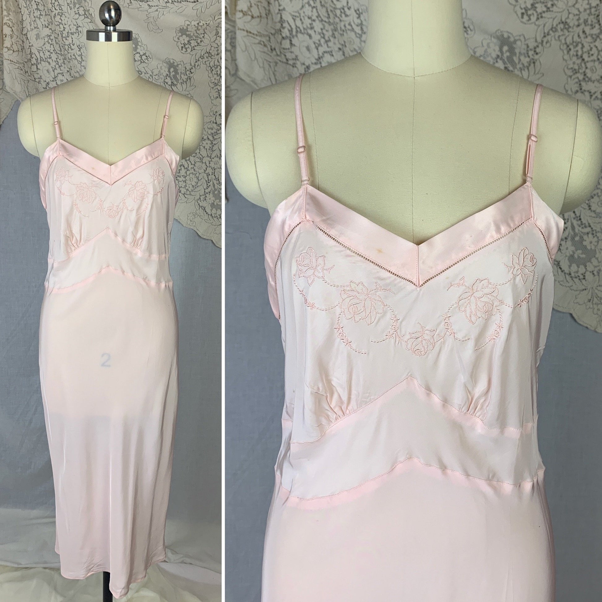 Vintage 1940's Slip | Pale Pink Bur-Mil Rayon with Floral Embroidery | Size S, MED | Colony Club - Never Worn - Daggers & Dames
