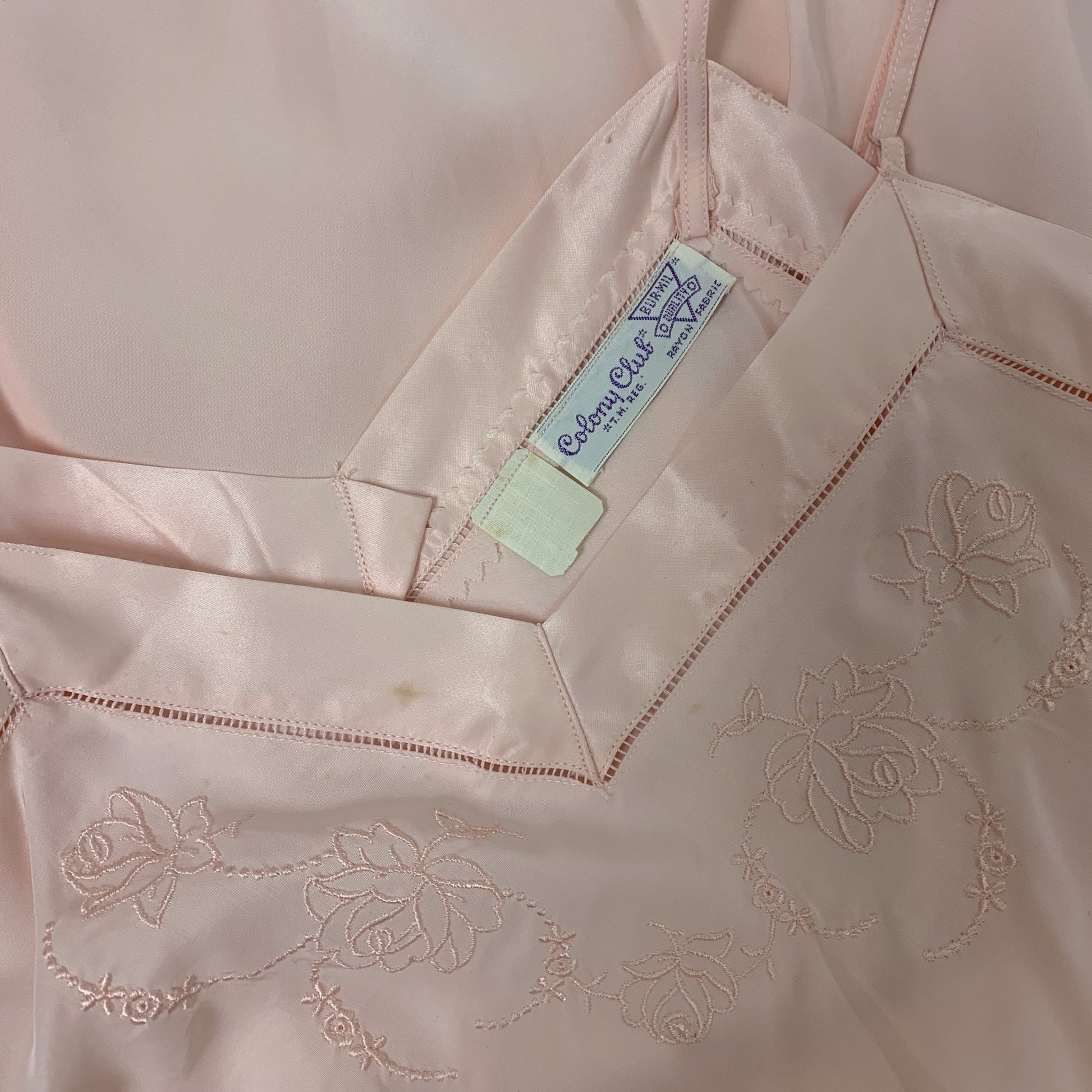 Vintage 1940's Slip | Pale Pink Bur-Mil Rayon with Floral Embroidery | Size S, MED | Colony Club - Never Worn - Daggers & Dames