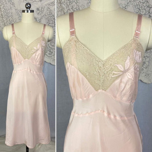 Vintage 1940's Slip | Pale Powder Pink Rayon with Ivory Lace & Floral Appliqué | Size 34 Bust, S, M | Rhythm Lingerie - Never Worn - Daggers & Dames