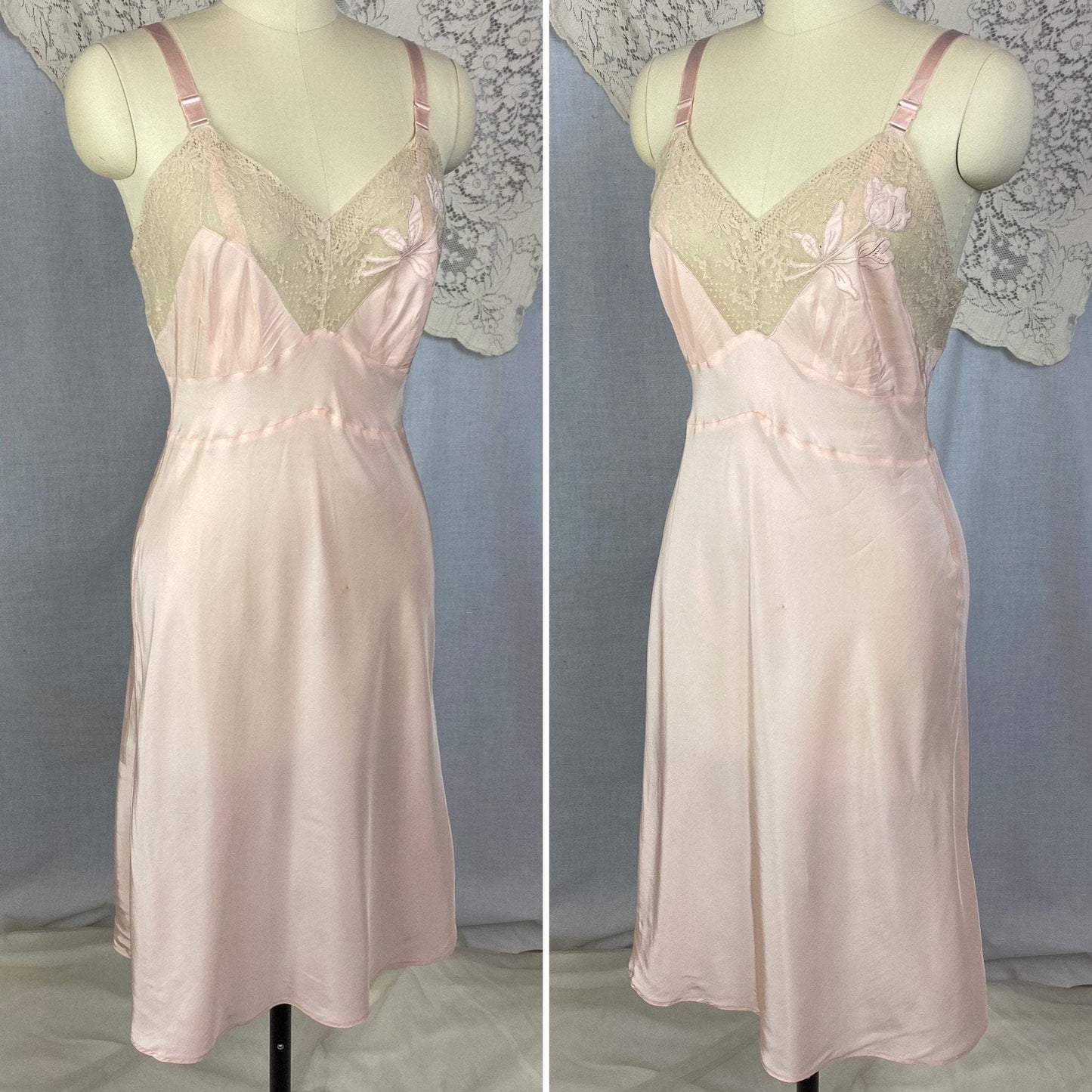 Vintage 1940's Slip | Pale Powder Pink Rayon with Ivory Lace & Floral Appliqué | Size 34 Bust, S, M | Rhythm Lingerie - Never Worn - Daggers & Dames