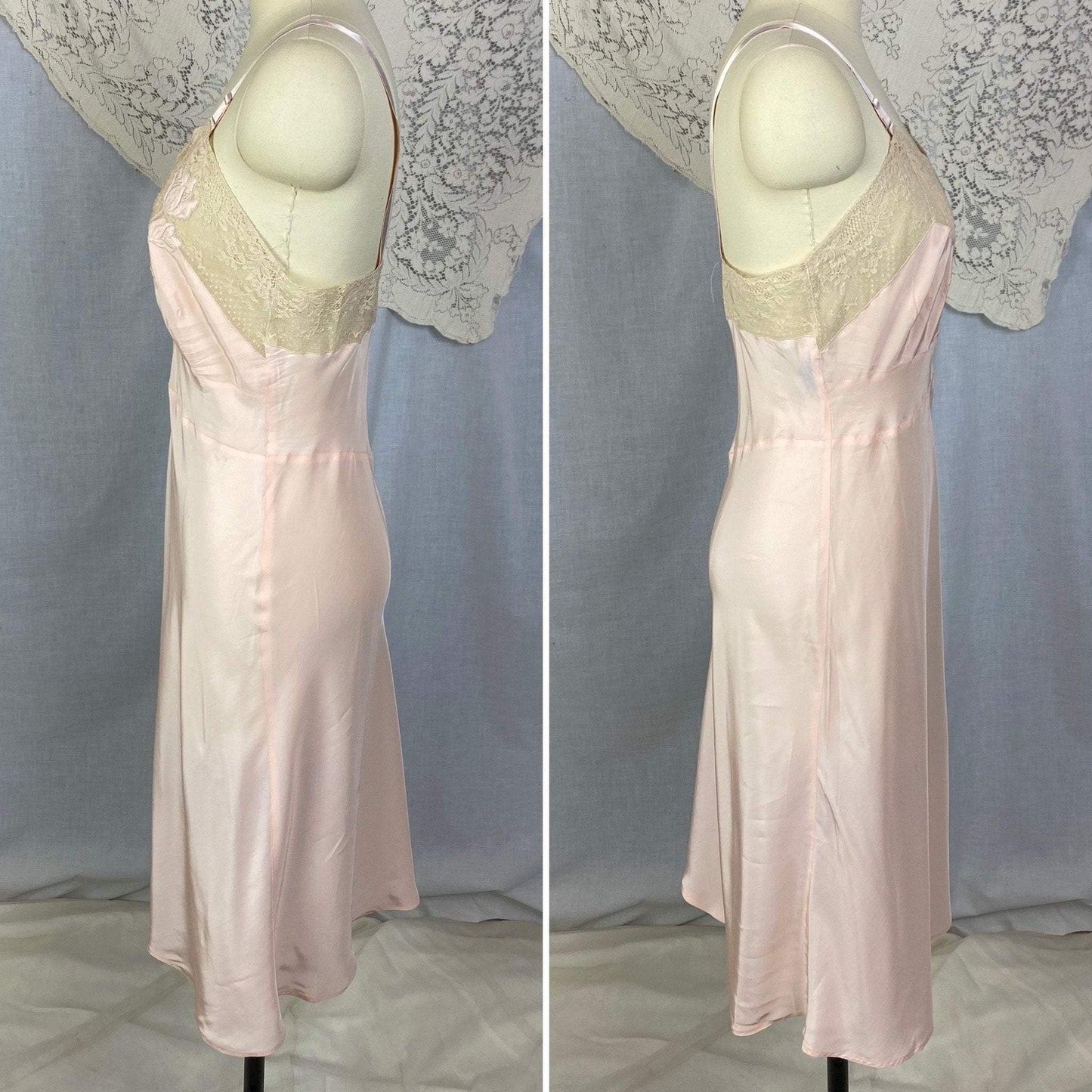 Vintage 1940's Slip | Pale Powder Pink Rayon with Ivory Lace & Floral Appliqué | Size 34 Bust, S, M | Rhythm Lingerie - Never Worn - Daggers & Dames