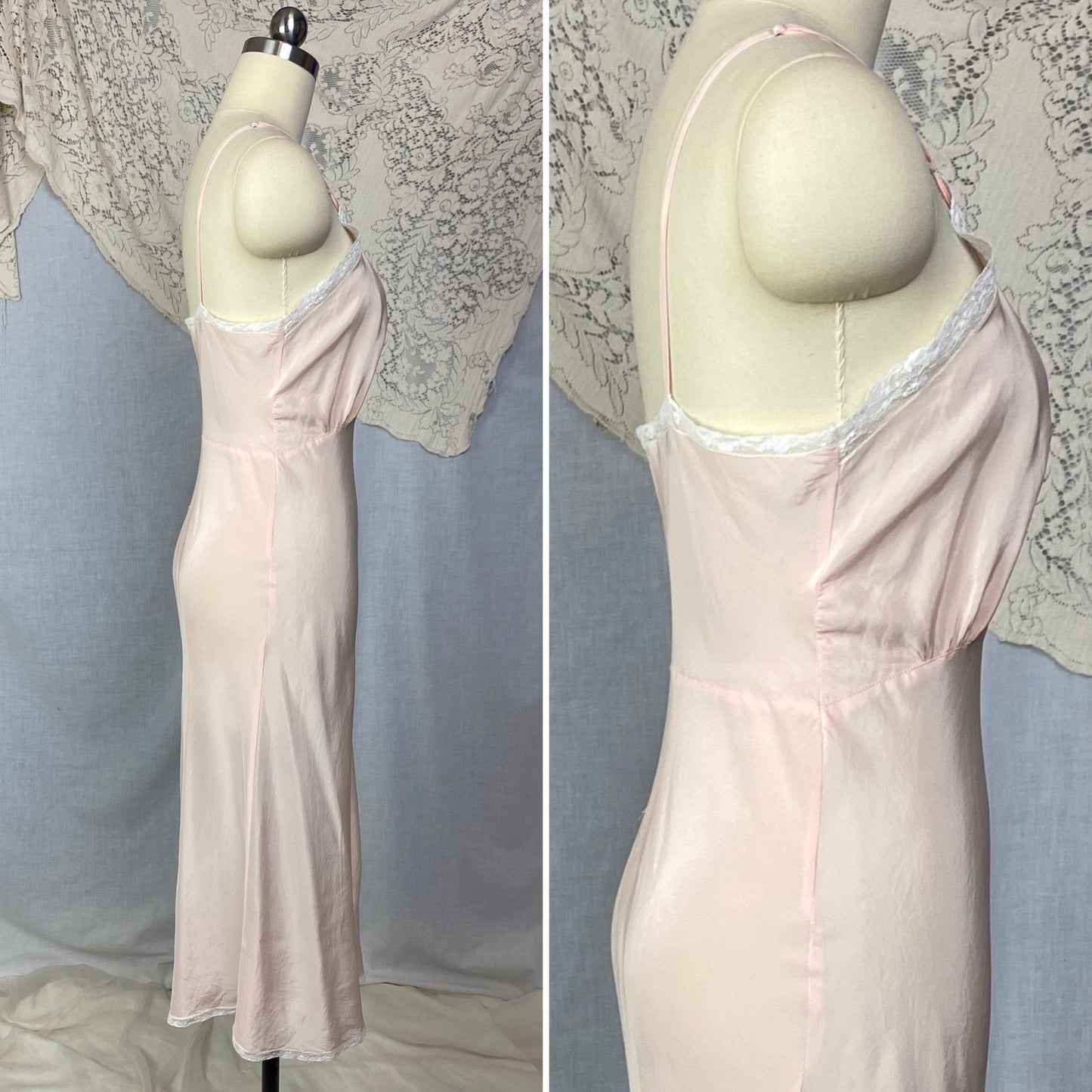 Vintage 1940's Slip | Pale Powder Pink Silk with Tulle Diamond Insert & Lace | Size XS, S | Laura Lane -Never Worn - Daggers & Dames