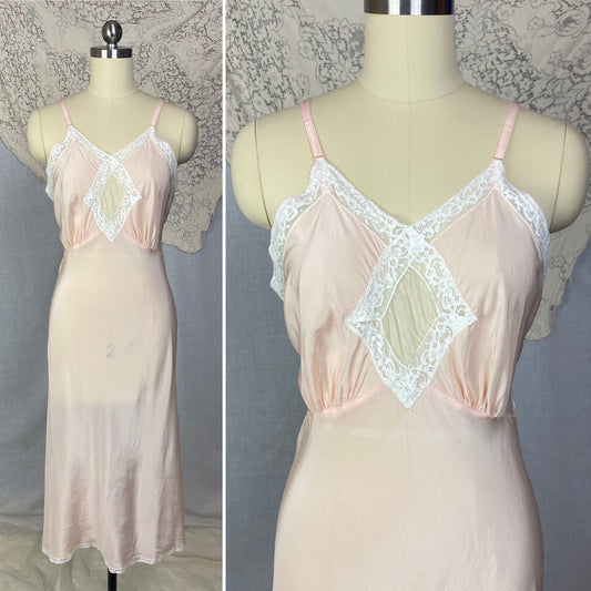 Vintage 1940's Slip | Pale Powder Pink Silk with Tulle Diamond Insert & Lace | Size XS, S | Laura Lane -Never Worn - Daggers & Dames