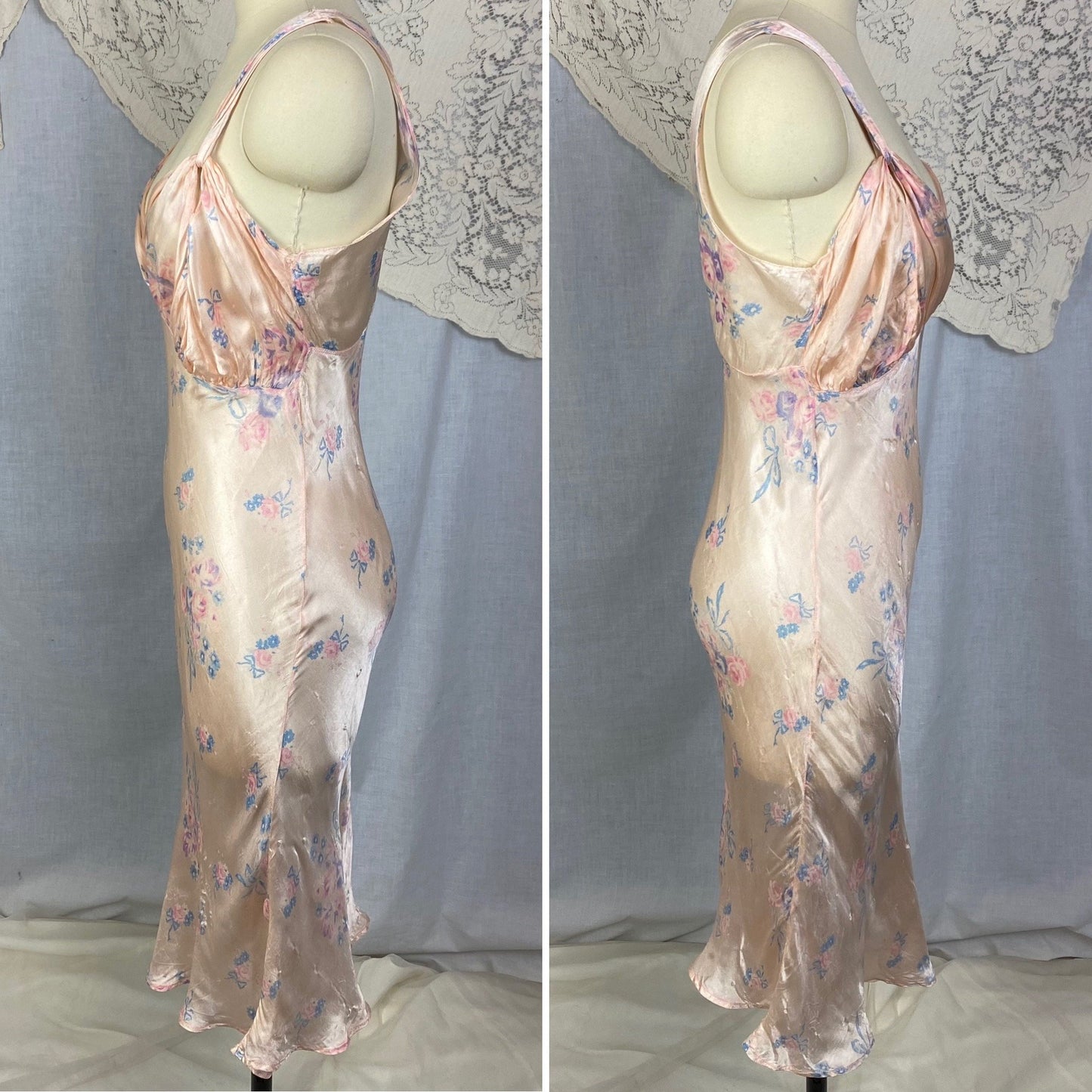 Vintage 1940's Slip | Pale Powder Pink with Floral Print & Chain Link Straps | Size 34-36 Bust, S, M - Daggers & Dames