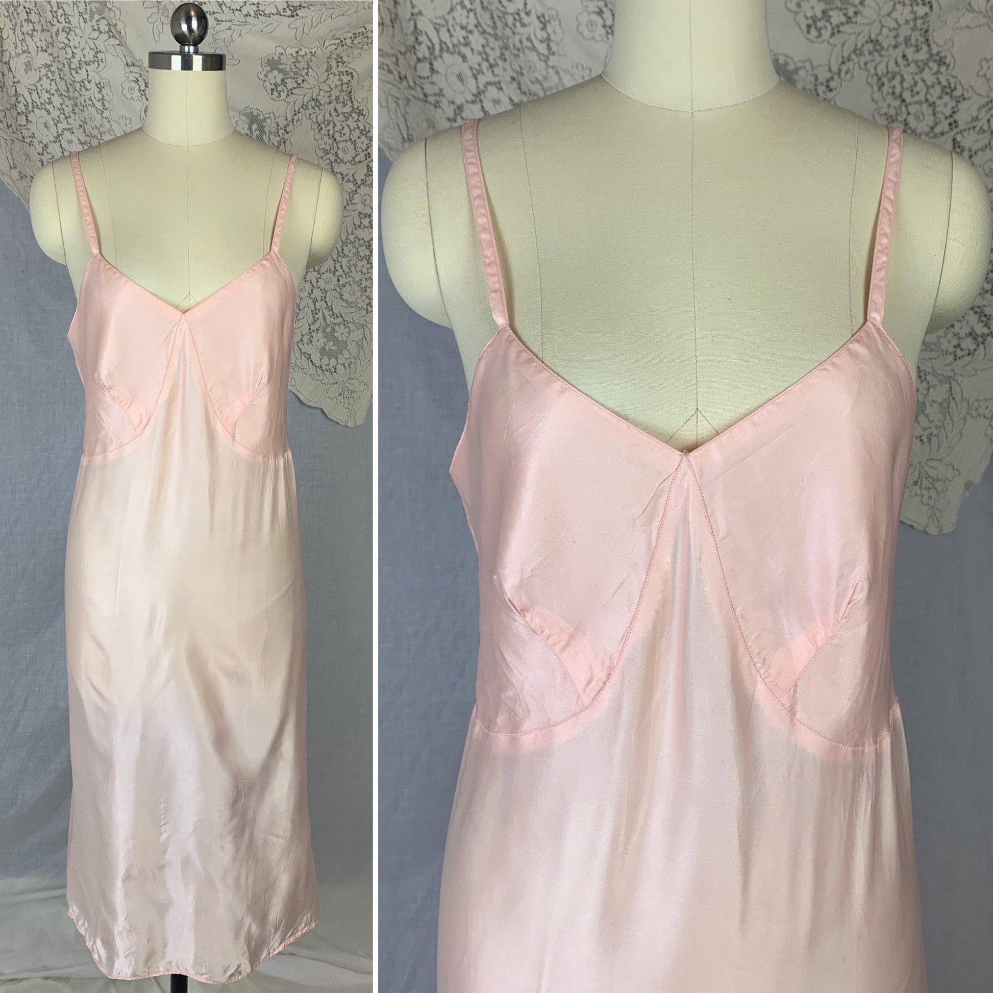 Vintage 1940's Slip | Pale Rose Pink Rayon Satin with Bias Cut | Size M, LG | Artemis - Daggers & Dames