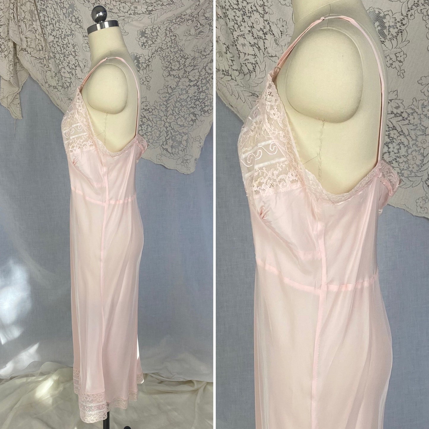 Vintage 1940's Slip | Palest Pink Rayon with White Chiffon & Embroidery | Size LG, XL | Strainless Never Worn - Daggers & Dames