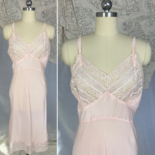 Vintage 1940's Slip | Palest Pink Rayon with White Chiffon & Embroidery | Size LG, XL | Strainless Never Worn - Daggers & Dames