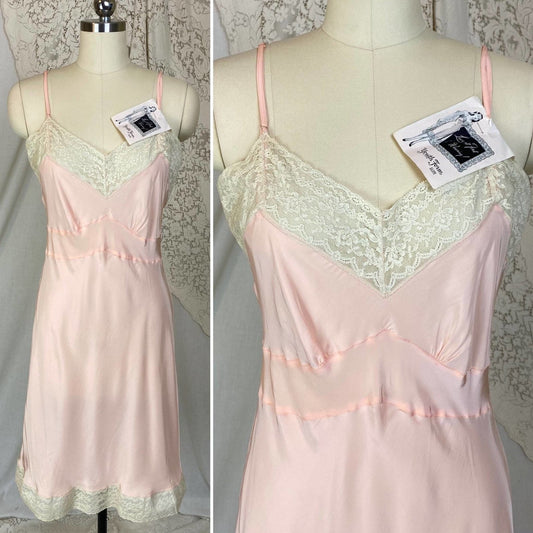 Vintage 1940's Slip | Pastel Rose Pink Rayon with Pale Nude Cotton Lace | Size S, M | Youthform -New with Tags - Daggers & Dames