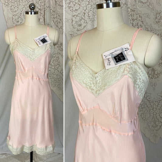 Vintage 1940's Slip | Pastel Rose Pink Rayon with Pale Nude Cotton Lace | Size S, M | Youthform -New with Tags - Daggers & Dames