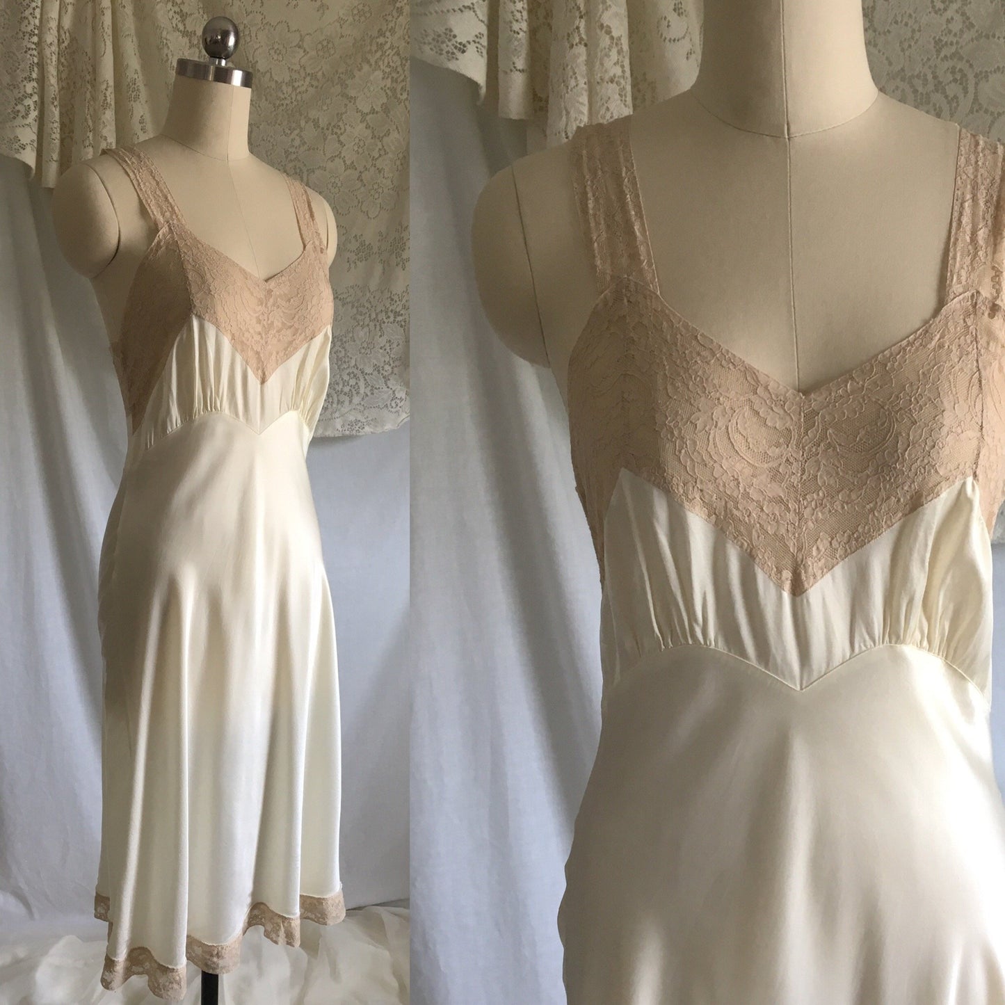 Vintage 1940's Slip | Pearl White Rayon Satin with Ecru Lace | Size XS, S Petite - Daggers & Dames