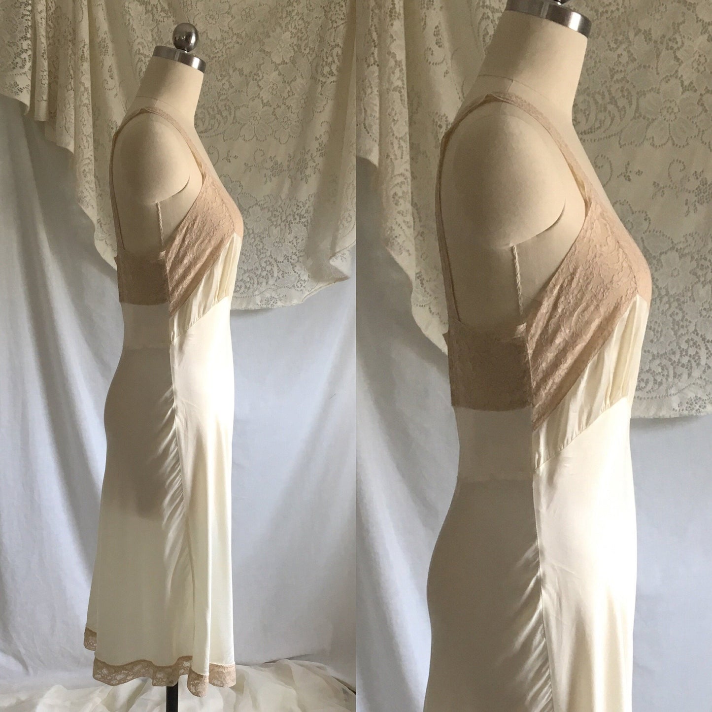 Vintage 1940's Slip | Pearl White Rayon Satin with Ecru Lace | Size XS, S Petite - Daggers & Dames