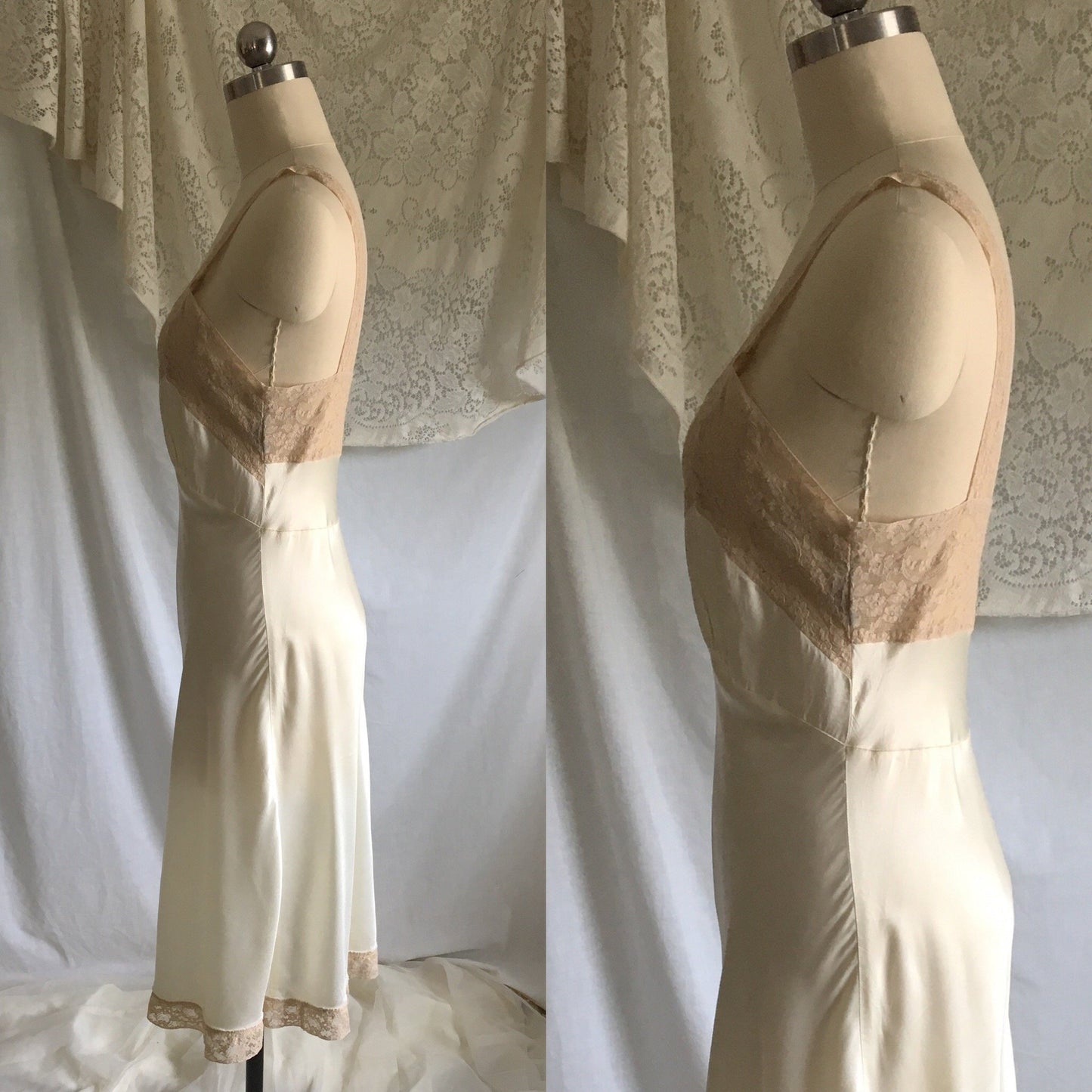 Vintage 1940's Slip | Pearl White Rayon Satin with Ecru Lace | Size XS, S Petite - Daggers & Dames