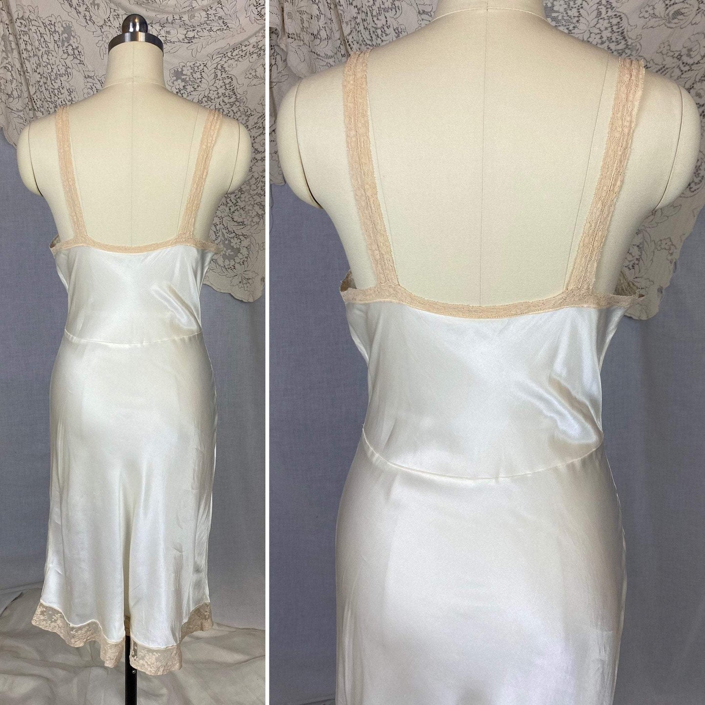 Vintage 1940's Slip | Pearly White Rayon Satin with Ivory Lace | Size 32 Bust, XS | Fischer Heavenly Lingerie - Daggers & Dames