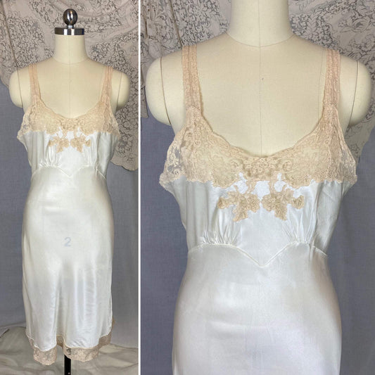 Vintage 1940's Slip | Pearly White Rayon Satin with Ivory Lace | Size 32 Bust, XS | Fischer Heavenly Lingerie - Daggers & Dames