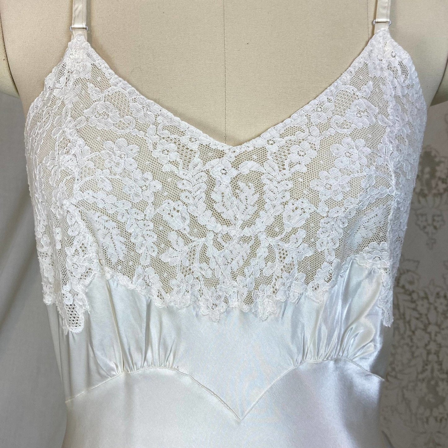 Vintage 1940's Slip | Pearly White Rayon Satin with Pale Ivory Cotton Lace | Size S, M | Fischer Heavenly Lingerie - Daggers & Dames