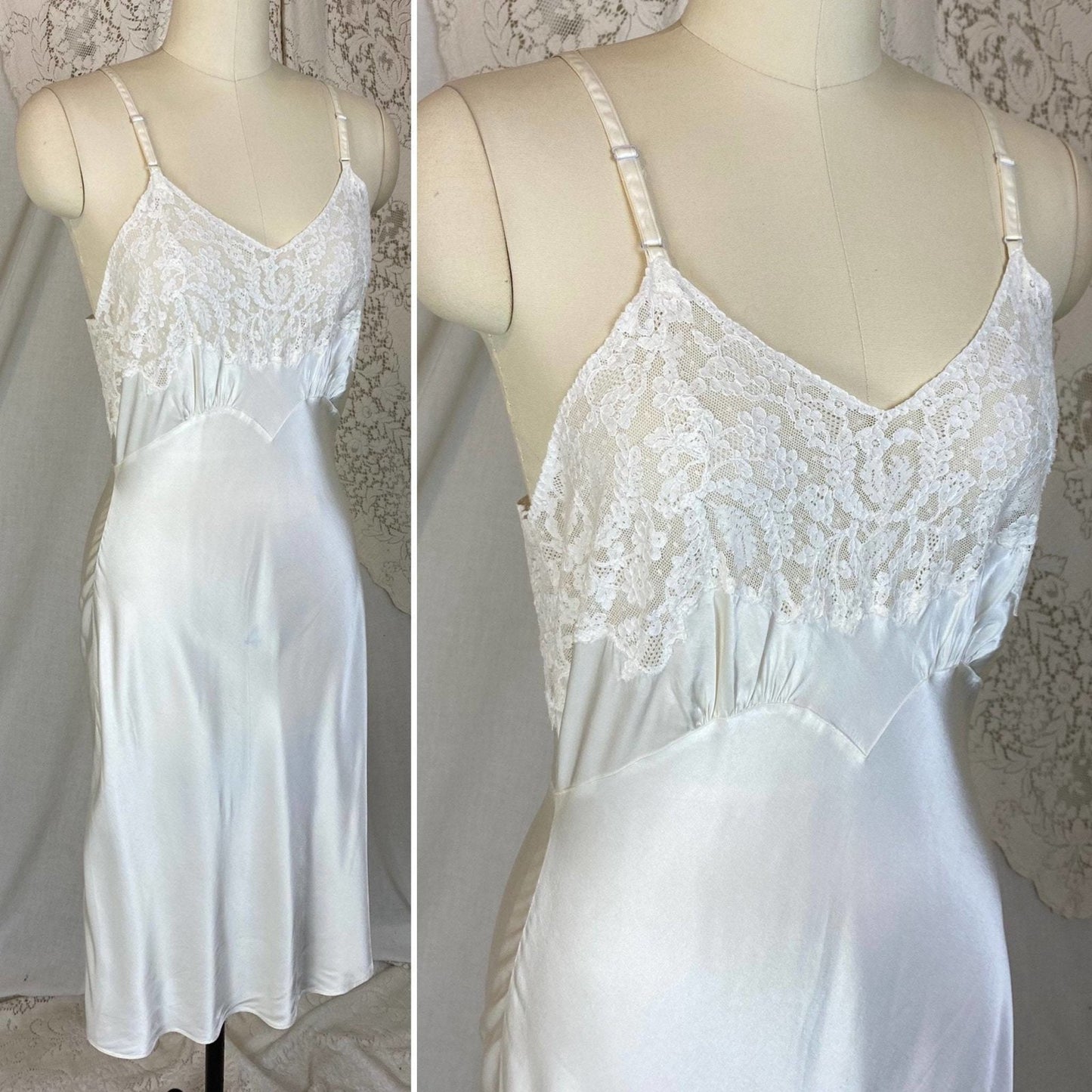 Vintage 1940's Slip | Pearly White Rayon Satin with Pale Ivory Cotton Lace | Size S, M | Fischer Heavenly Lingerie - Daggers & Dames