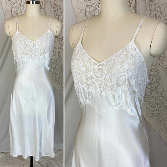 Vintage 1940's Slip | Pearly White Rayon Satin with Pale Ivory Cotton Lace | Size S, M | Fischer Heavenly Lingerie - Daggers & Dames