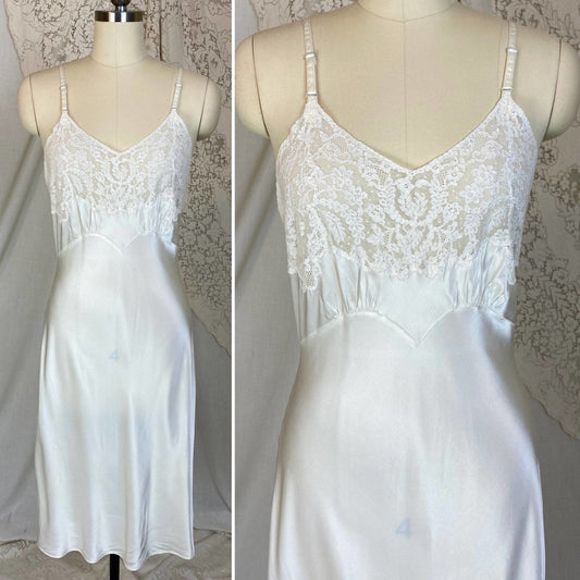 Vintage 1940's Slip | Pearly White Rayon Satin with Pale Ivory Cotton Lace | Size S, M | Fischer Heavenly Lingerie - Daggers & Dames