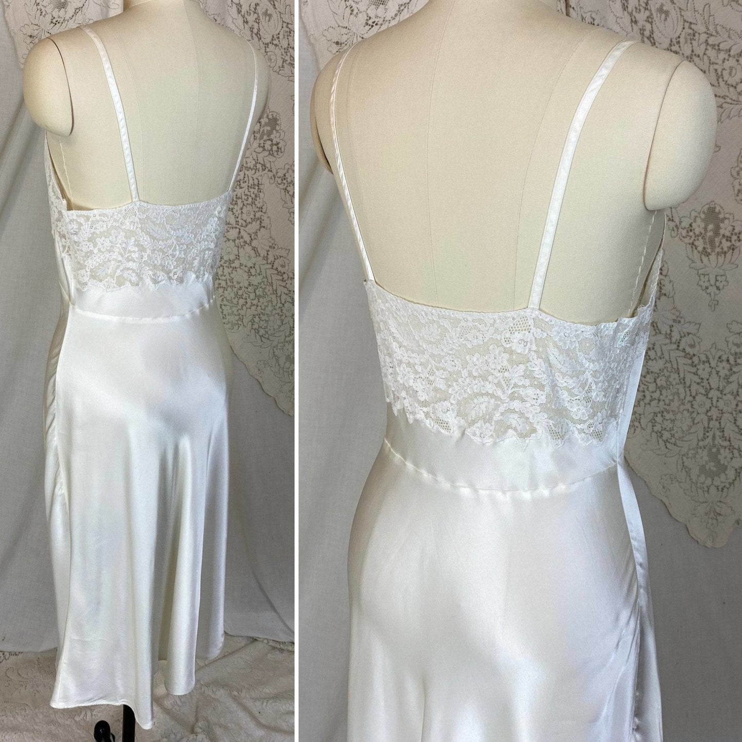 Vintage 1940's Slip | Pearly White Rayon Satin with Pale Ivory Cotton Lace | Size S, M | Fischer Heavenly Lingerie - Daggers & Dames